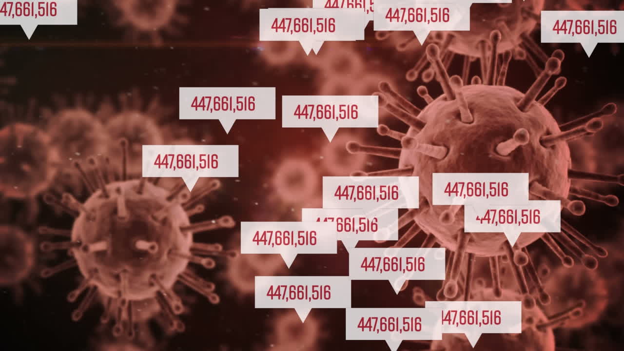 animación de cuadros con números crecientes en ellos subiendo sobre las células de covid-19.