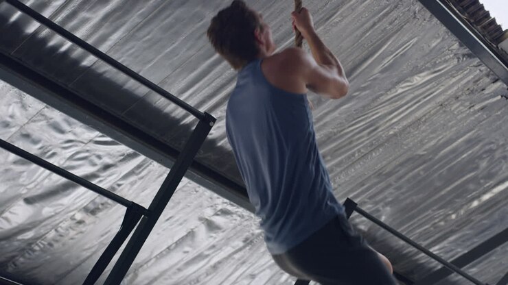 Fit and sporty young man exercising on a climbing