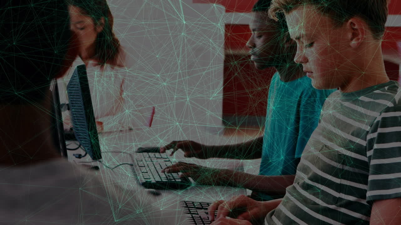 animación de la red de conexiones entre diversos escolares que utilizan computadoras