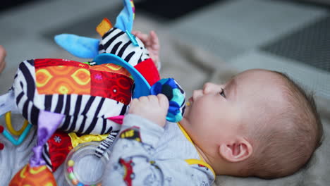 beautiful child grabbed a colorful toy animal. mother is playing with her toddler son. close up.