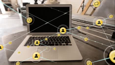 Animation-of-network-of-connections-with-icons-over-office