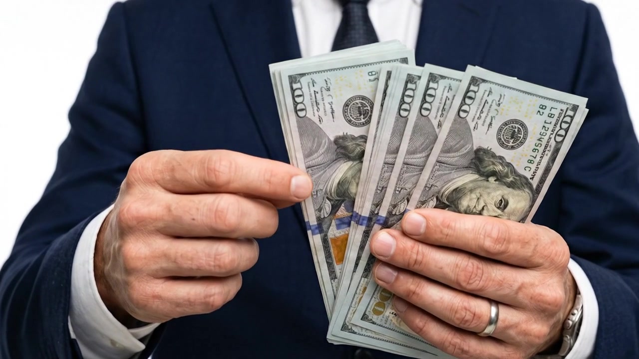 Businessman Holding and Counting US Dollar Bills