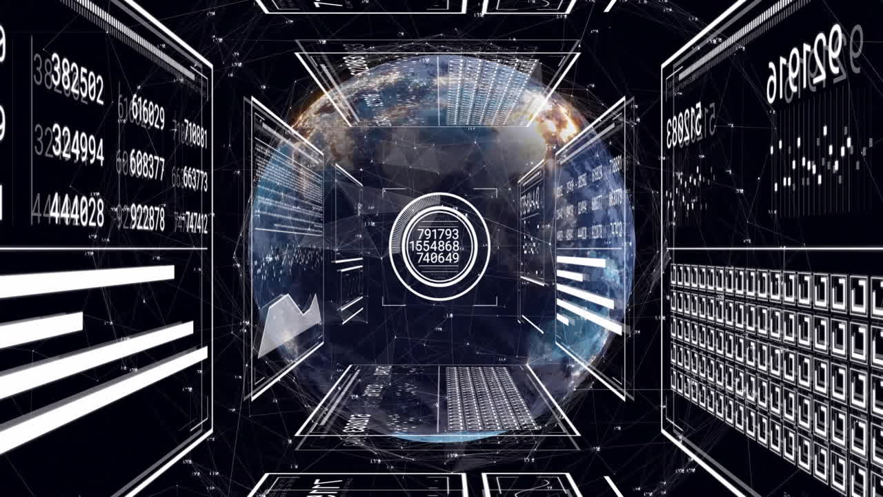 Digital data and numbers animation over Earth viewed from futuristic interface
