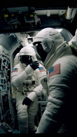 astronautas en la cabina de la nave espacial