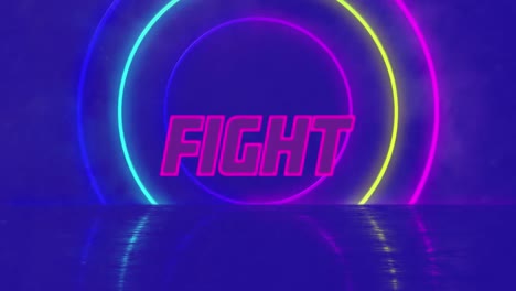 Animation-of-fight-text-over-neon-shapes-on-blue-background