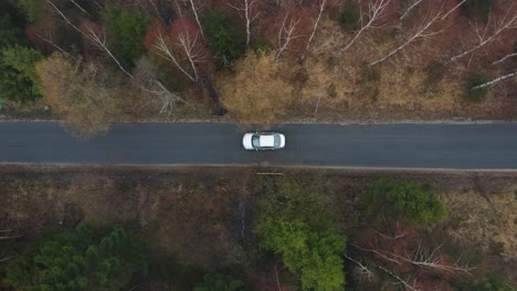 aerial top view car rides at mountain forest road