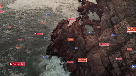Animation-Von-Social-Media-Symbolen-Und-Felsiger-Küste-Mit-Meereslandschaft