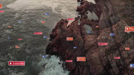 animation of social media icons and rocky shore with sea landscape