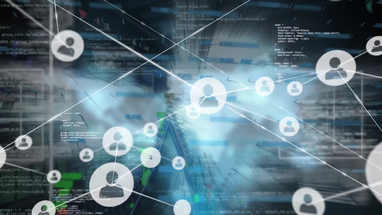 Animation of network of profile icons over world map against blue background