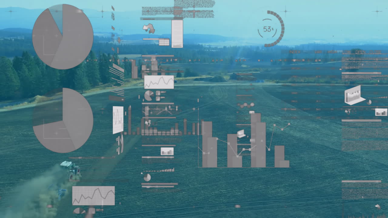 precision farming concept being visualized over aerial farm field, with green tractor, data charts
