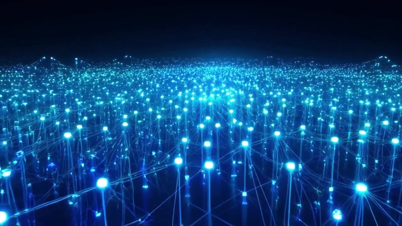 Abstract Digital Network of Glowing Blue Nodes and Connections