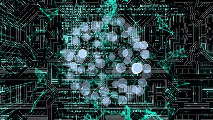 Animation of globe of network of connections with digital icons over computer circuit board