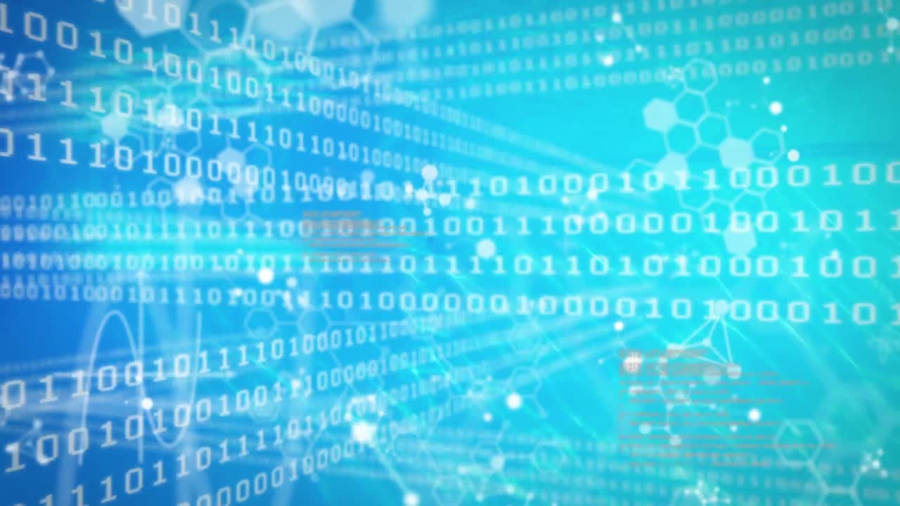 animación de código binario y procesamiento de datos científicos sobre fondo azul