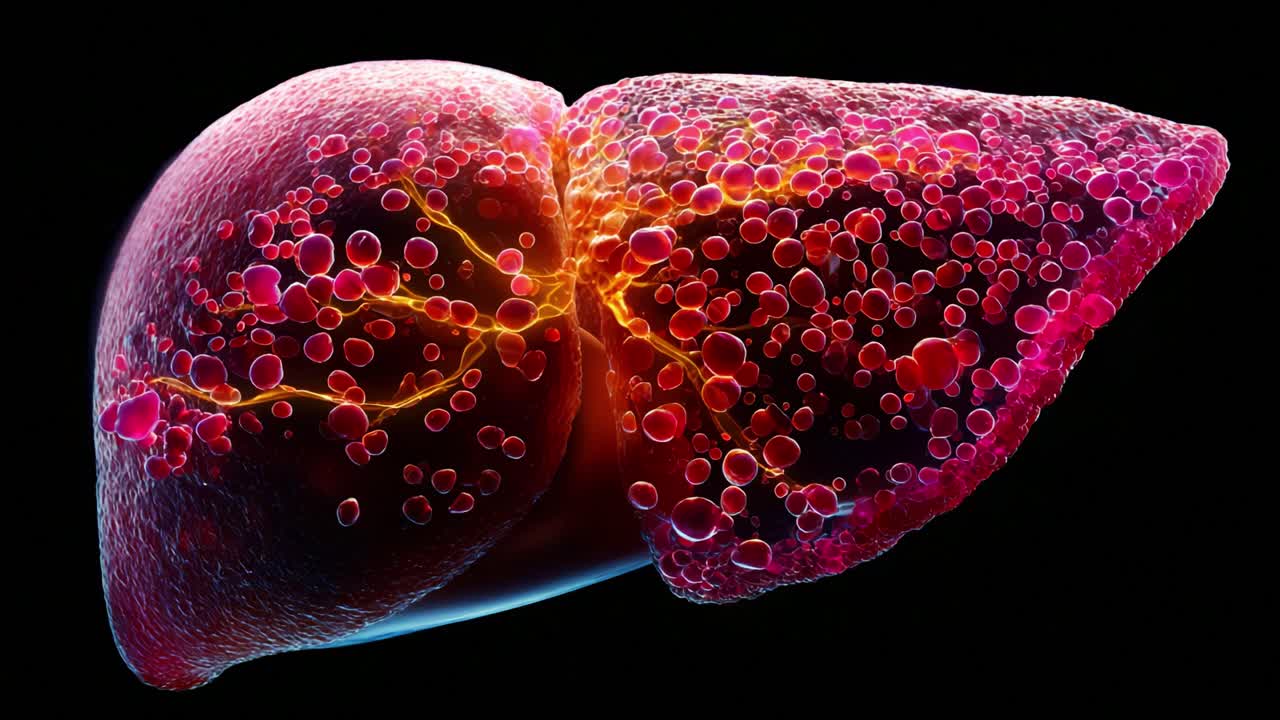 Detailed 3D Visualization of a Healthy Human Liver, Highlighting Its Vascular Structure, Cellular Composition, and Biological Activity in a Stunning Color Spectrum of Reds and Oranges