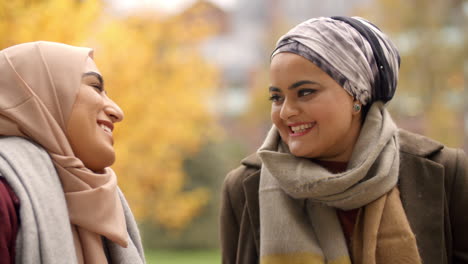 dos mujeres musulmanas británicas se reúnen en un parque urbano