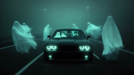 fantasmas en un coche en una noche de niebla