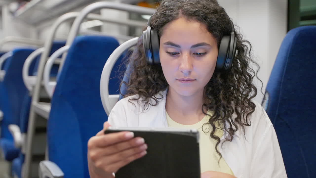 mujer usando una tableta en un tren