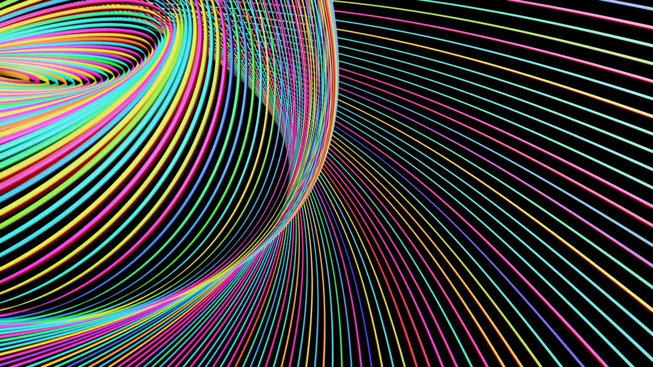 abstract geometric looped bg with rings form complex twisted spiral and light effects. Rings flash neon multicolor lights. Neon ring bulbs for show or events, festivals or concerts, vj night clubs.