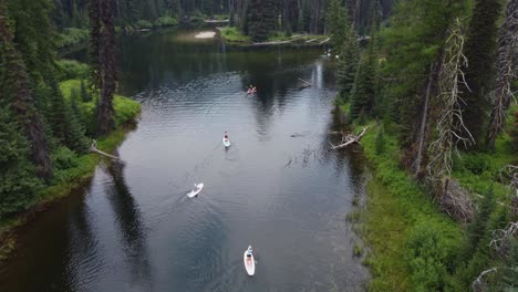 tomada de avión no tripulado de paddleboarders y kayakers desde atrás mientras se abren camino por el río payette en idaho