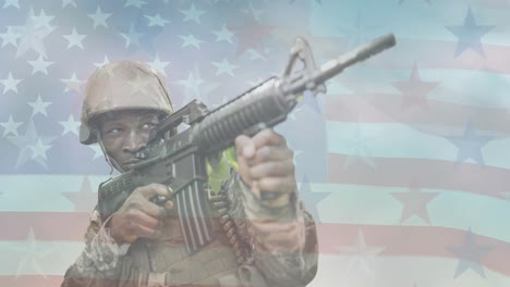 animation of american soldier over american flag floating