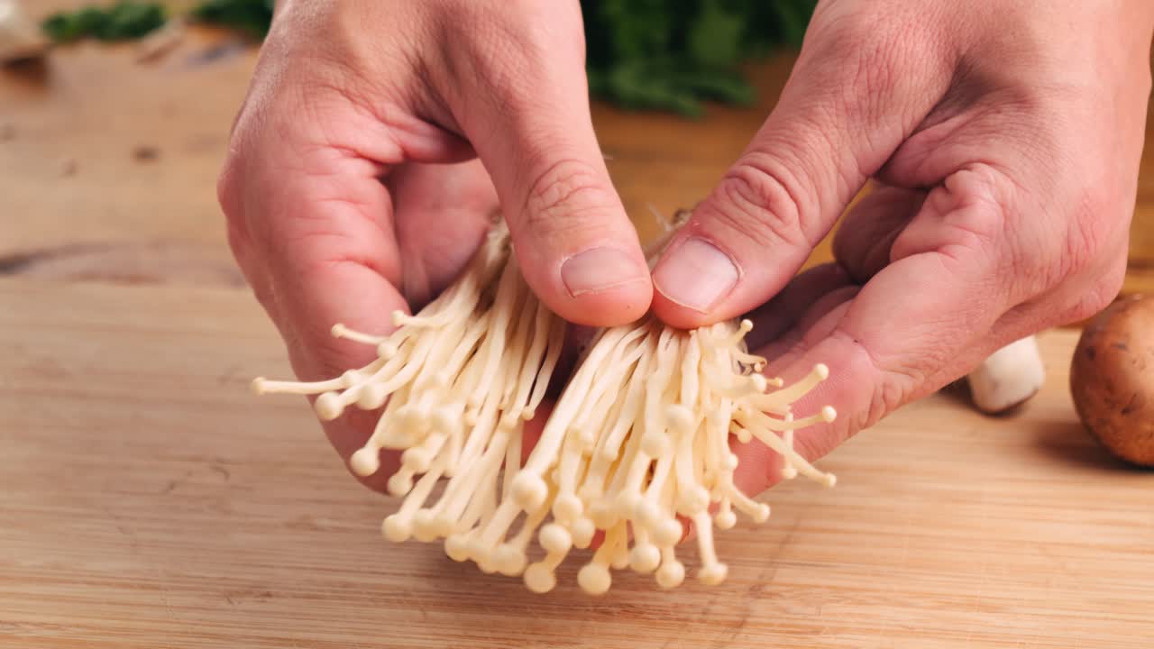 Preparing Enoki Mushrooms