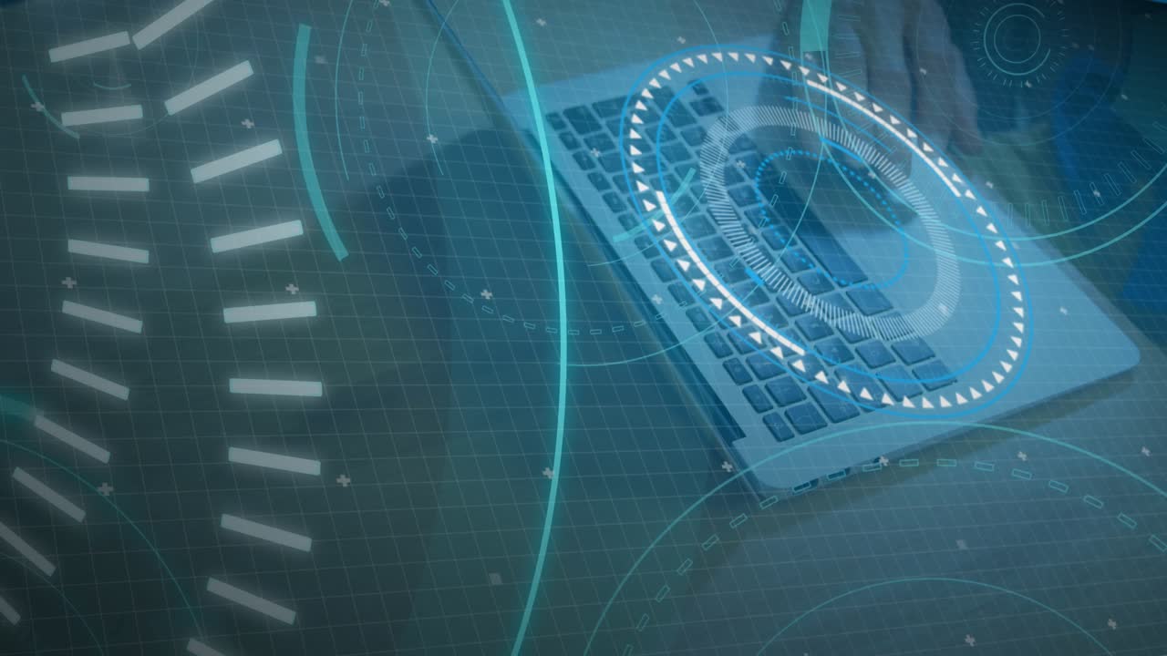 Animation of scope scanning with 5g text over hands typing on keyboard