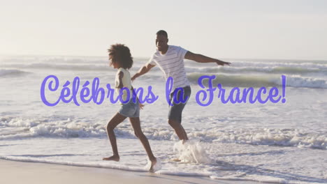 running on beach, father and daughter with let celebrate france text over animation