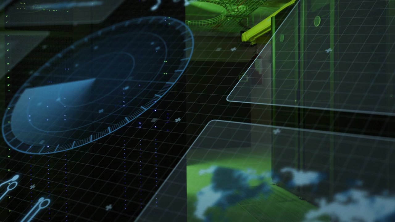 tech HUD initializing, radar sweeping clockwise while map panels sliding revealing racks to monitor