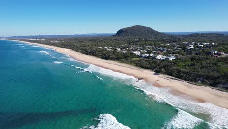 Yaroomba-Beach-With-Turquoise-Seascape-In-Queensland,-Australia---aerial-drone-shot