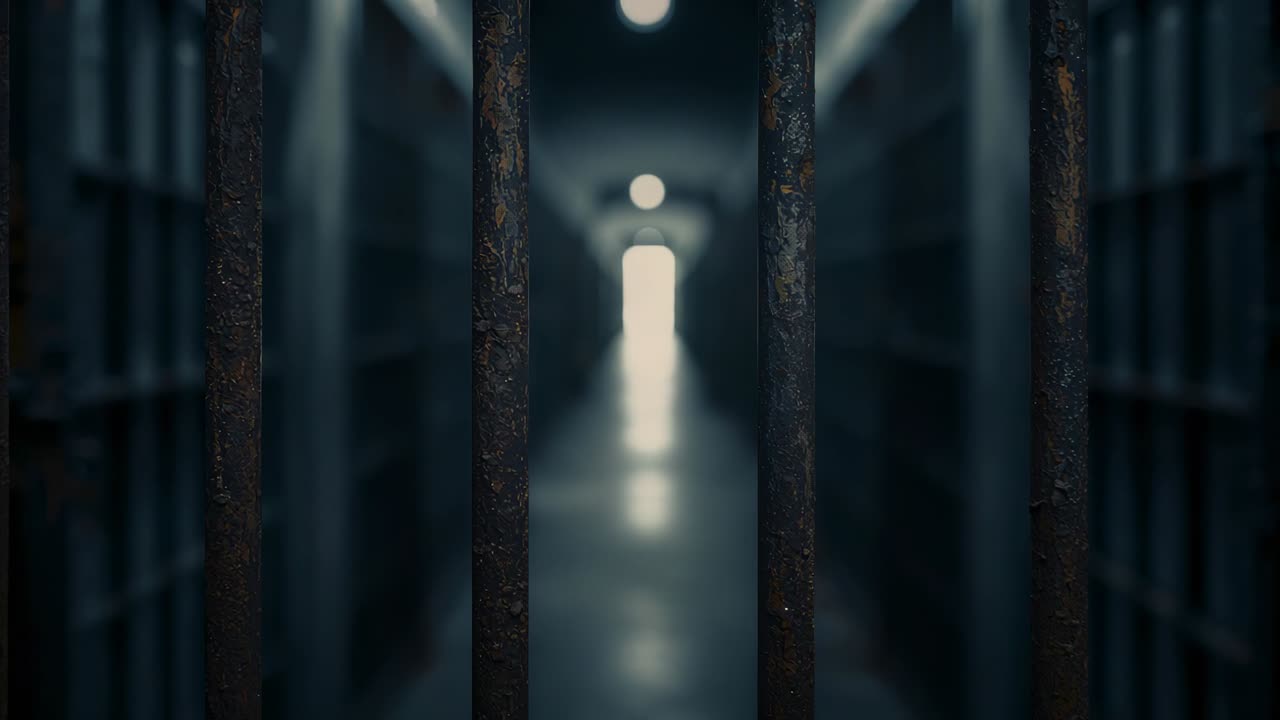 Holding focus, rusted upright bars filling frame, blurred cell rows lining hall, exit light growing