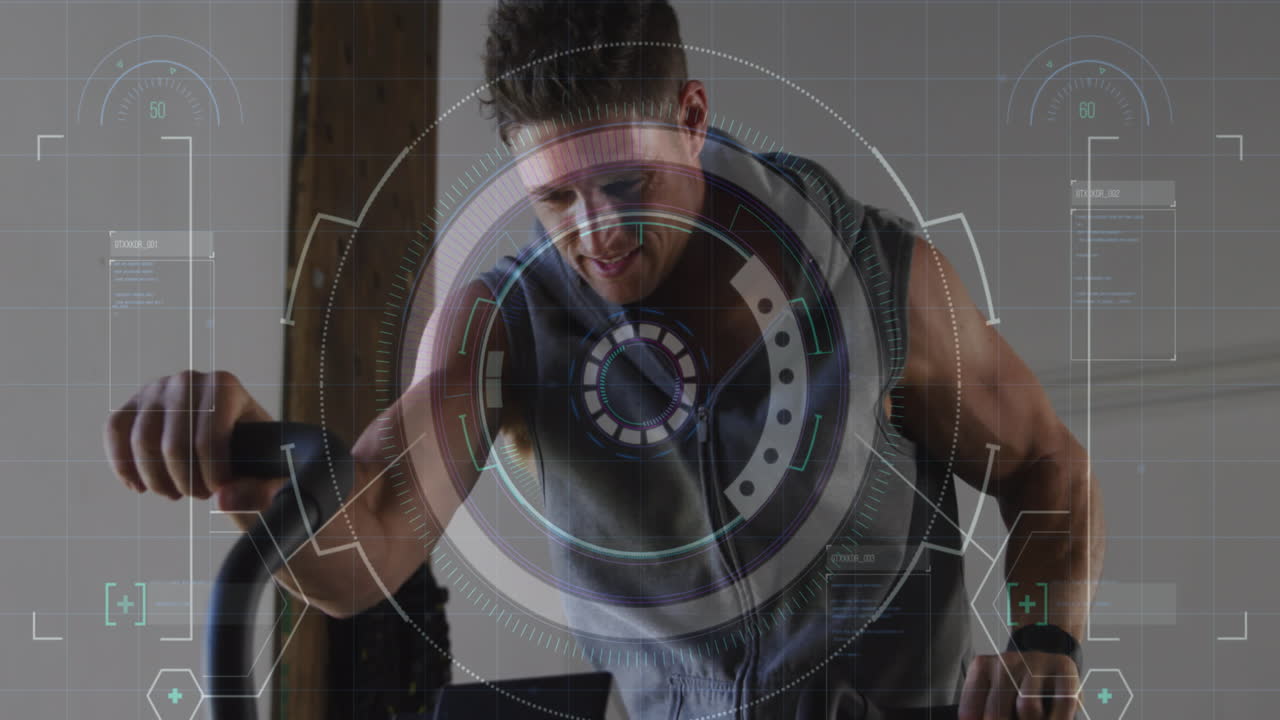 animación de escaneo de alcance sobre hombre caucásico corriendo en el gimnasio