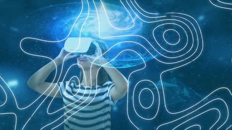 Animation-of-contour-lines-moving-over-woman-wearing-vr-headset-and-blue-light