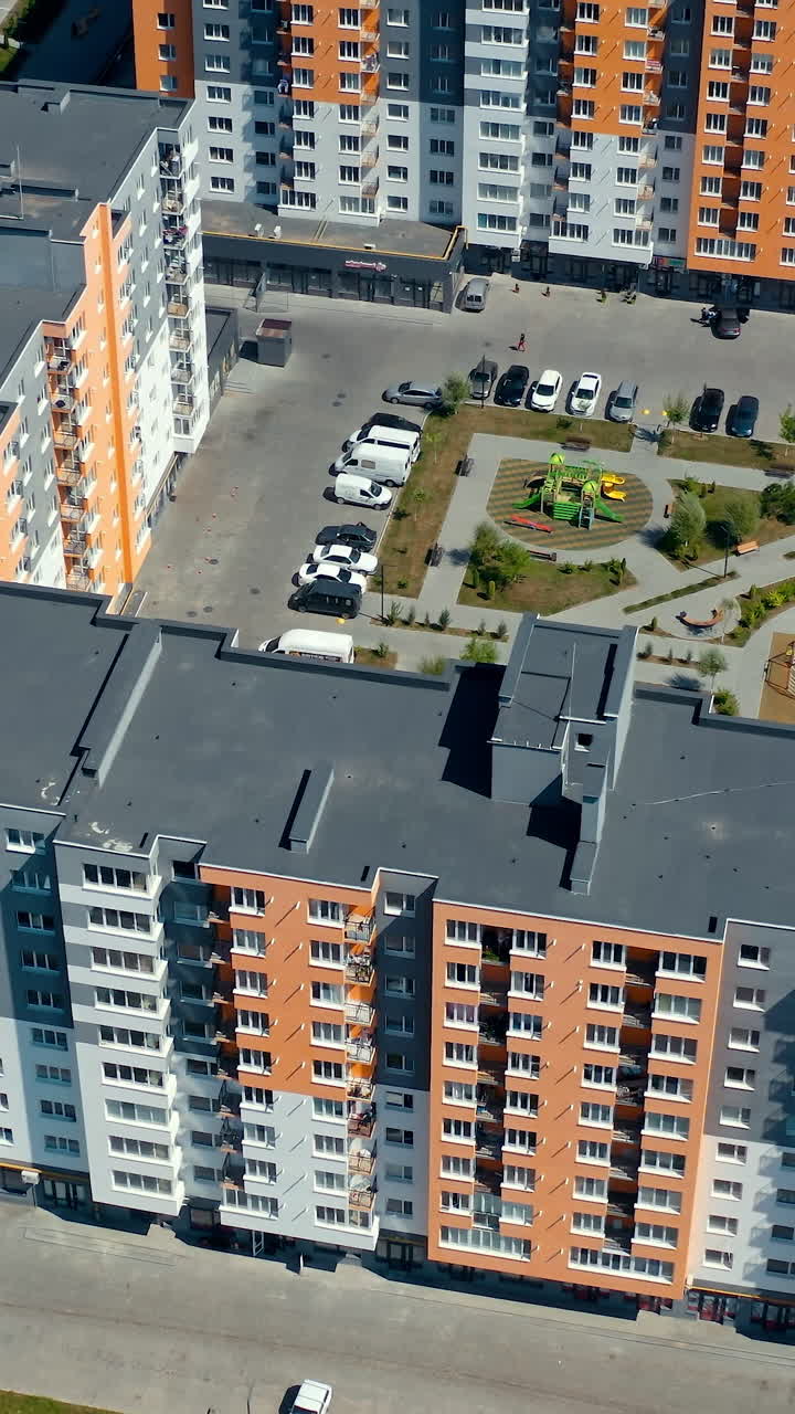 Contemporary new modern town houses building. Residential new cityscape houses. Aerial view architecture