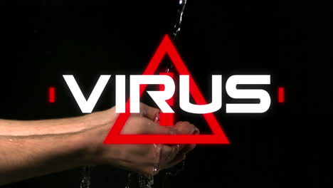 animation of the word virus written over triangle warning road sign over a person washing hands