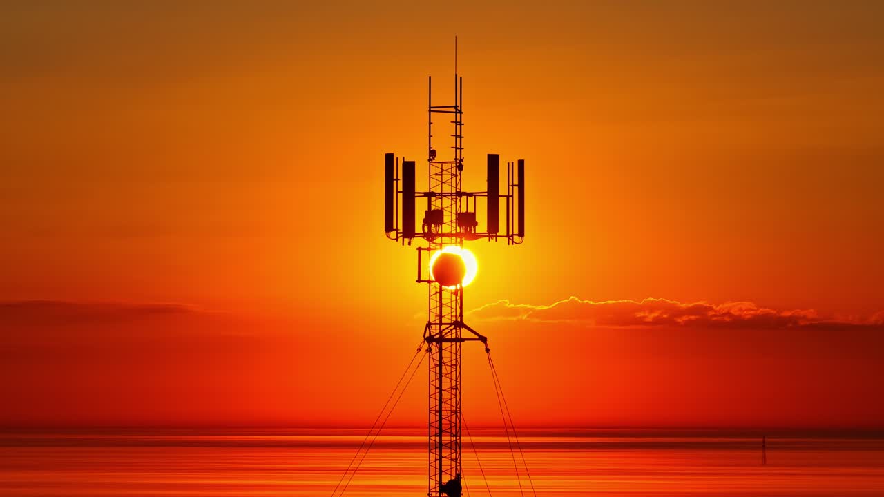 A bright sun stands in an orange sky just behind the relay antennas of a mobile phone network