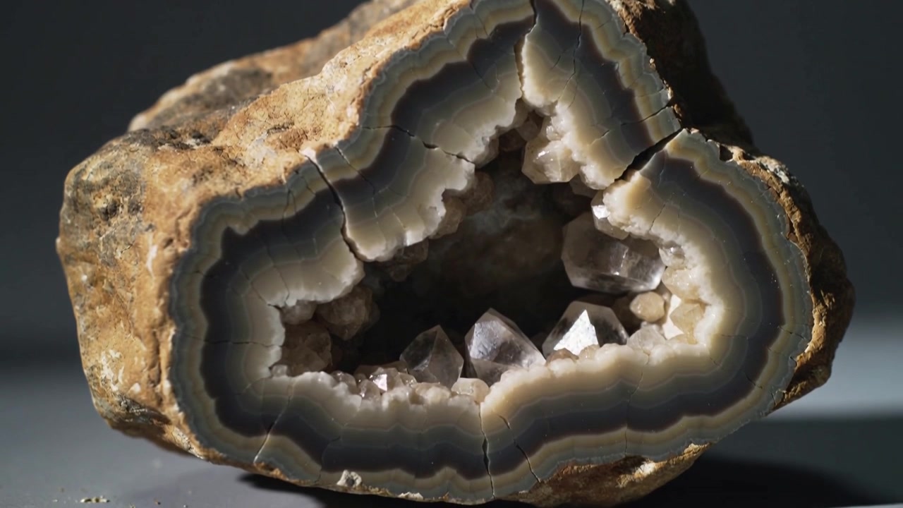 La caméra recule, révélant une géode coupée sur une table gris mat, exposant ses pointes de quartz intérieures.