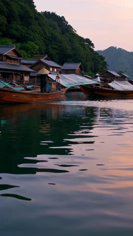 japanese houses on the river at sunset