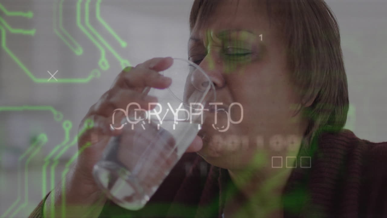 Woman raising water glass inside room, featuring crypto circuit patterns and binary digits overlay