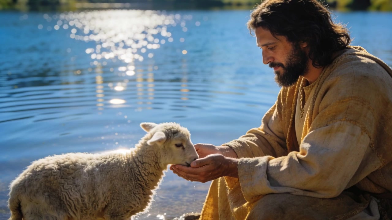 Un uomo adulto con vesti color terra offre acqua con le mani a coppa sulla riva del lago, mentre un agnello si avvicina per bere.