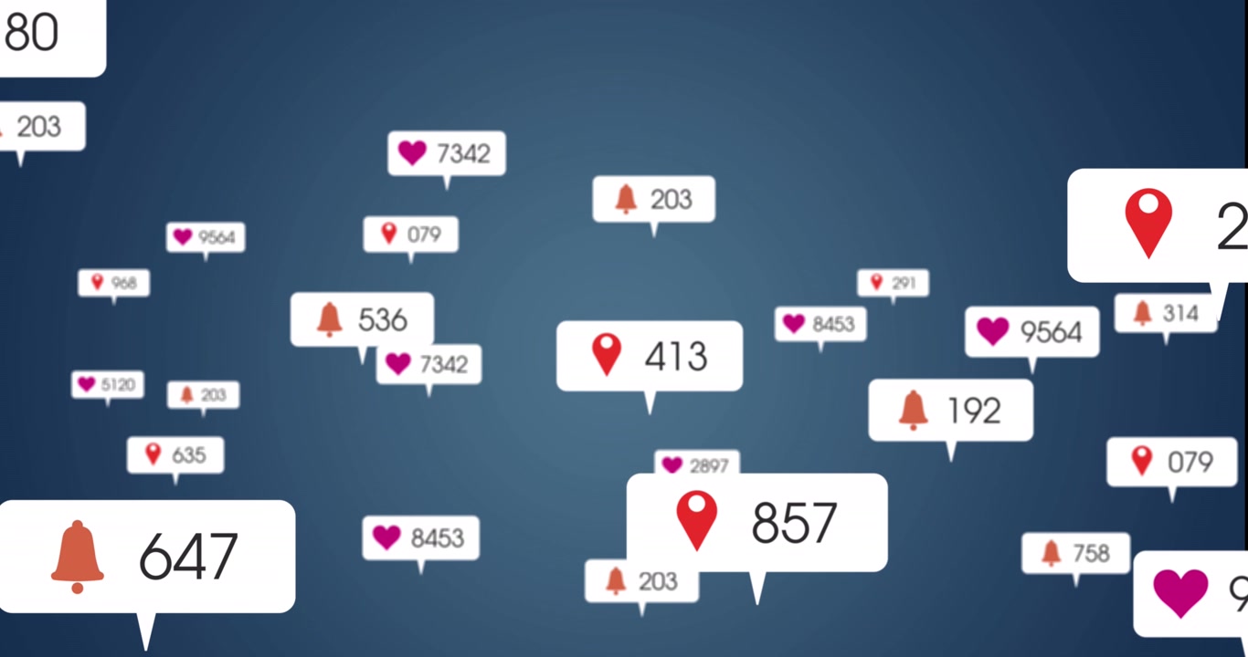 Animation of changing numbers and icons in message boxes against abstract background