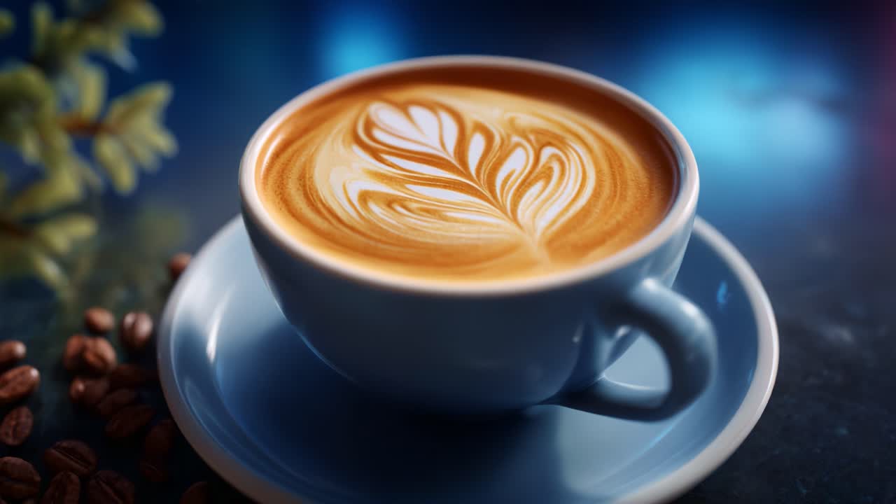 Un primo piano di un latte squisitamente realizzato con arte complessa, che mette in mostra l'eleganza della cultura del caffè in un'atmosfera rilassante con un'illuminazione soffusa