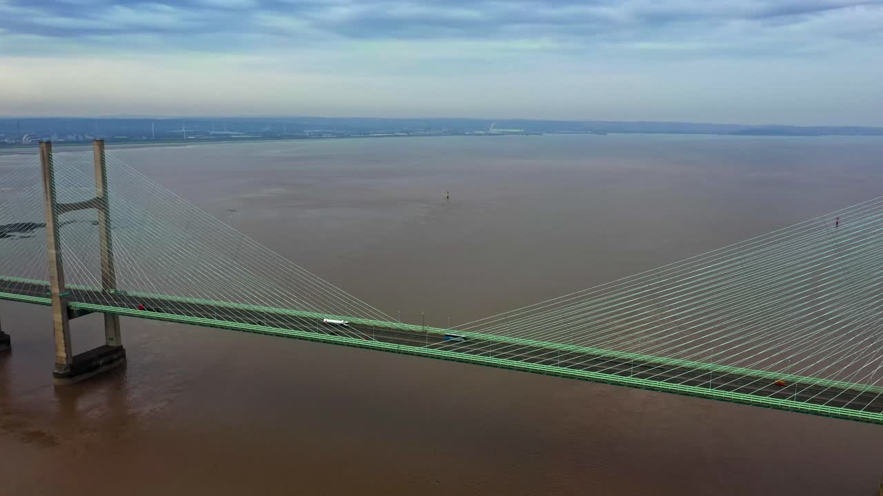 Real time flight across the Second Severn Bridge, Prince of Wales Bridge, towards England