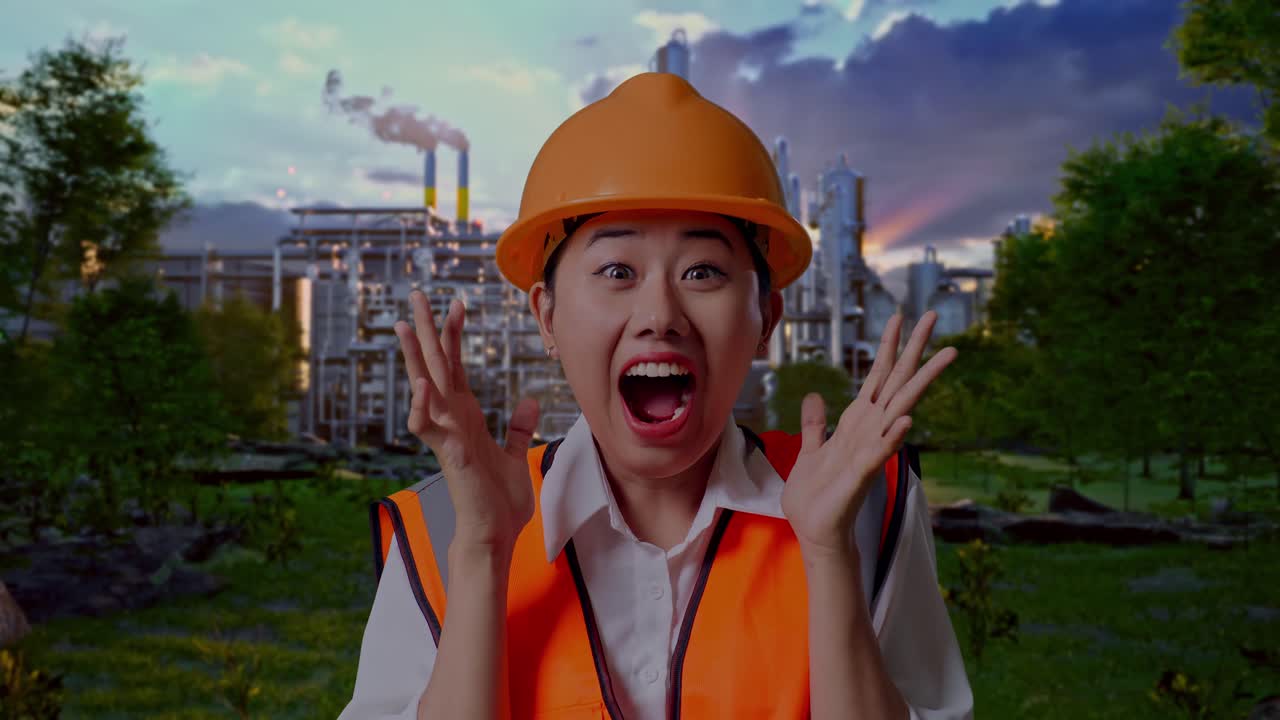 Close Up Of Asian Female Engineer With Safety Helmet Smiling To Camera And Saying Wow While Standing In Front Of Oil Refinery