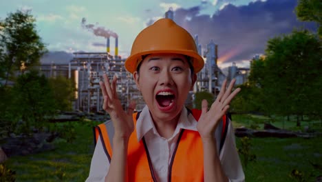 close up of asian female engineer with safety helmet smiling to camera and saying wow while standing in front of oil refinery