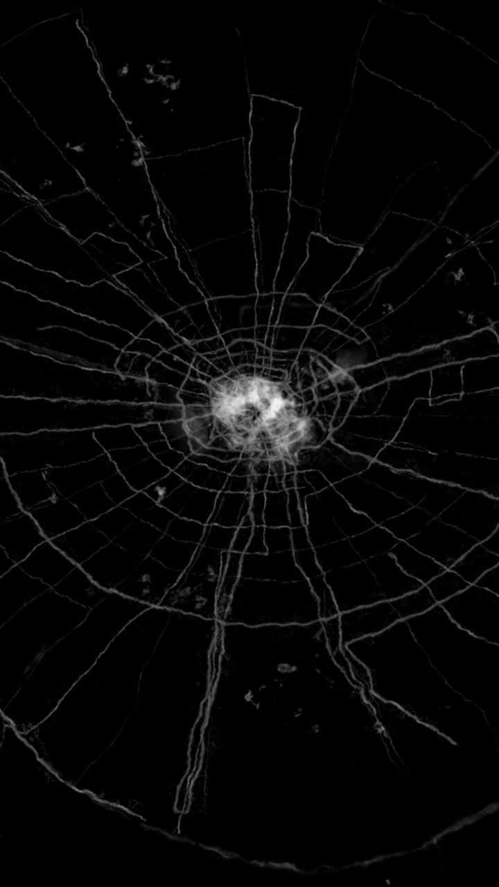 Un complesso motivo a ragnatela di crepe su vetro rotto. Una sovrapposizione di texture verticale dettagliata per rappresentare danni o distruzione significativi.