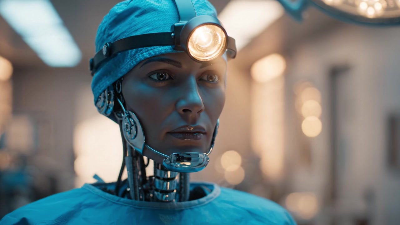 Un robot chirurgico futuristico si prepara per un'operazione con tecnologia avanzata e una lampada frontale in un ambiente medico moderno.