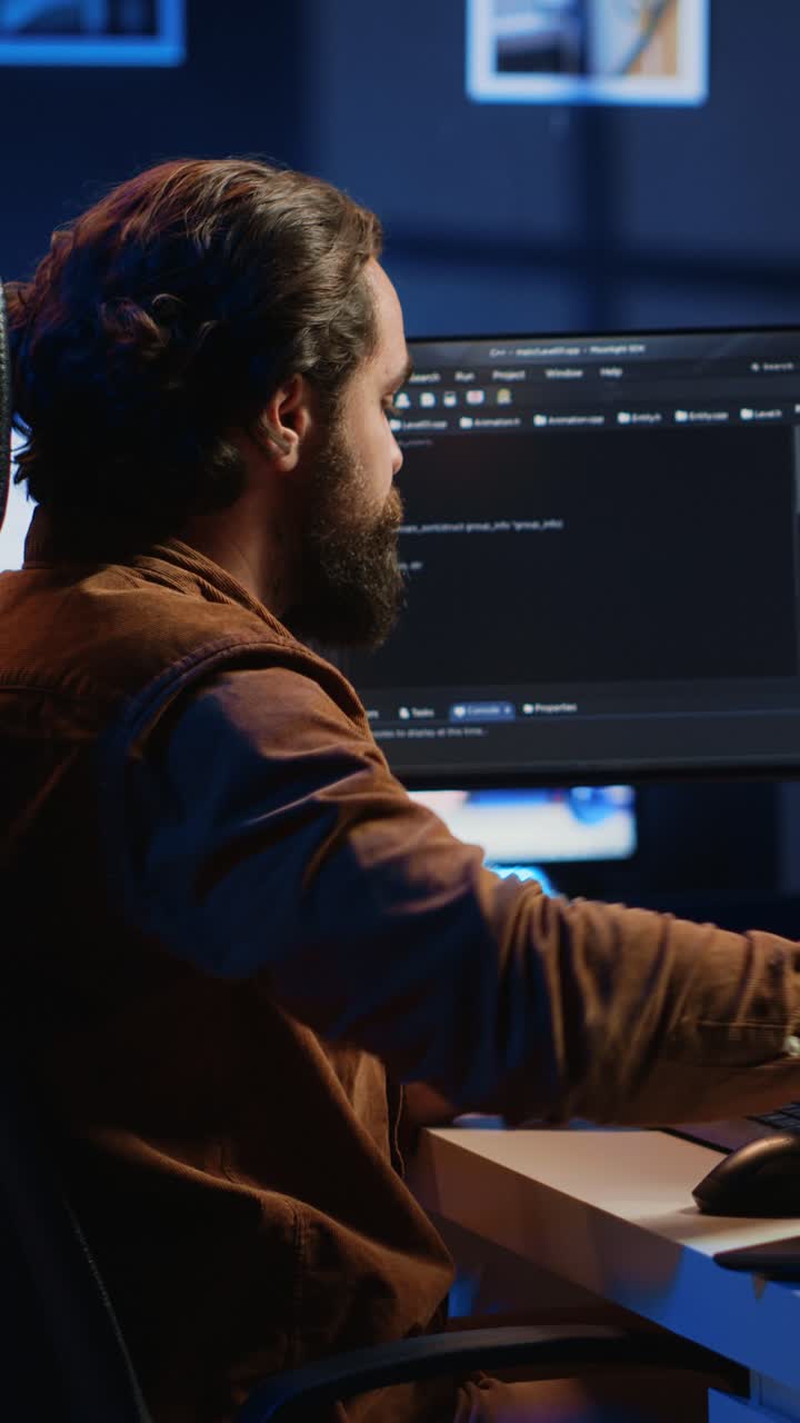 Focused Programmer Coding on Computer in Dark Office at Night