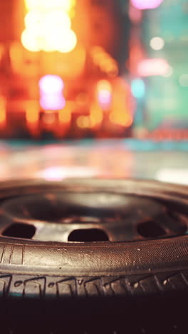 close-up of a black tire with blurred city lights in the background