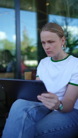 professional female freelancer working on tablet while relaxing at outdoor cafe, enjoying coffee during productive break in urban setting with summer sunlight and greenery