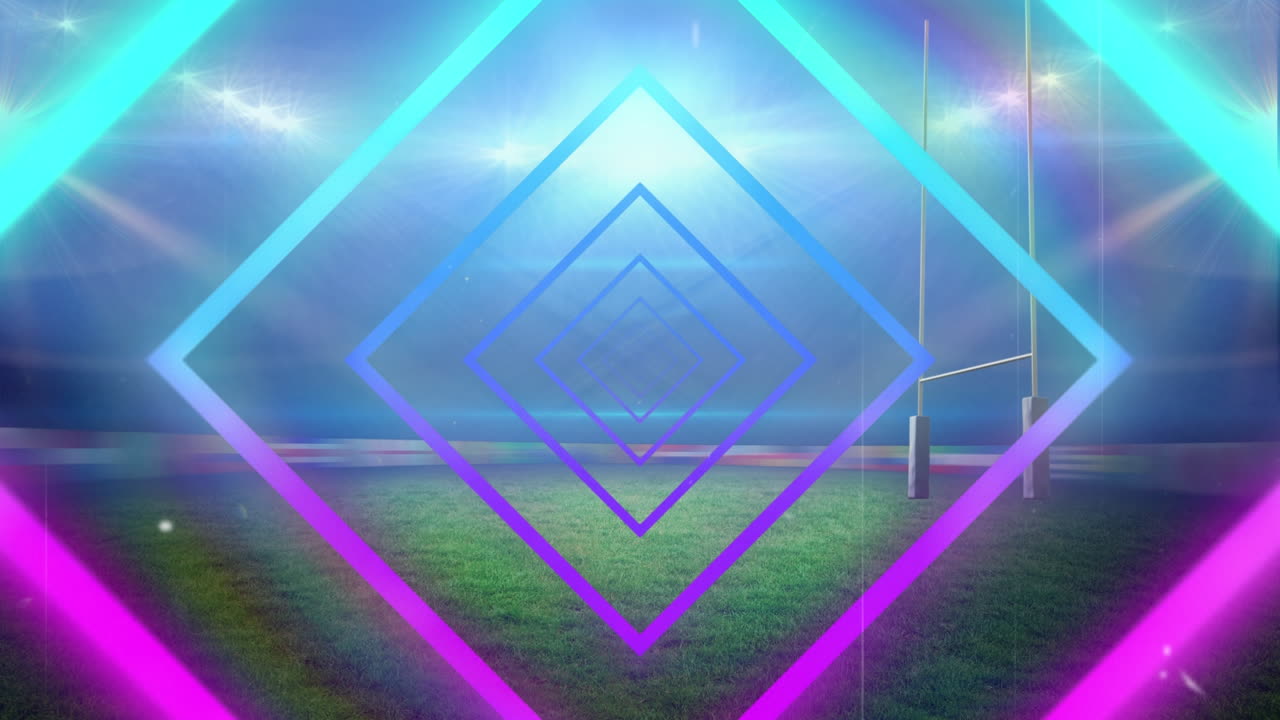 3D animace abstraktních modrých, fialových neonových paprsků se čtvercovým vzorem, prolétávajících nad osvětleným stadionem